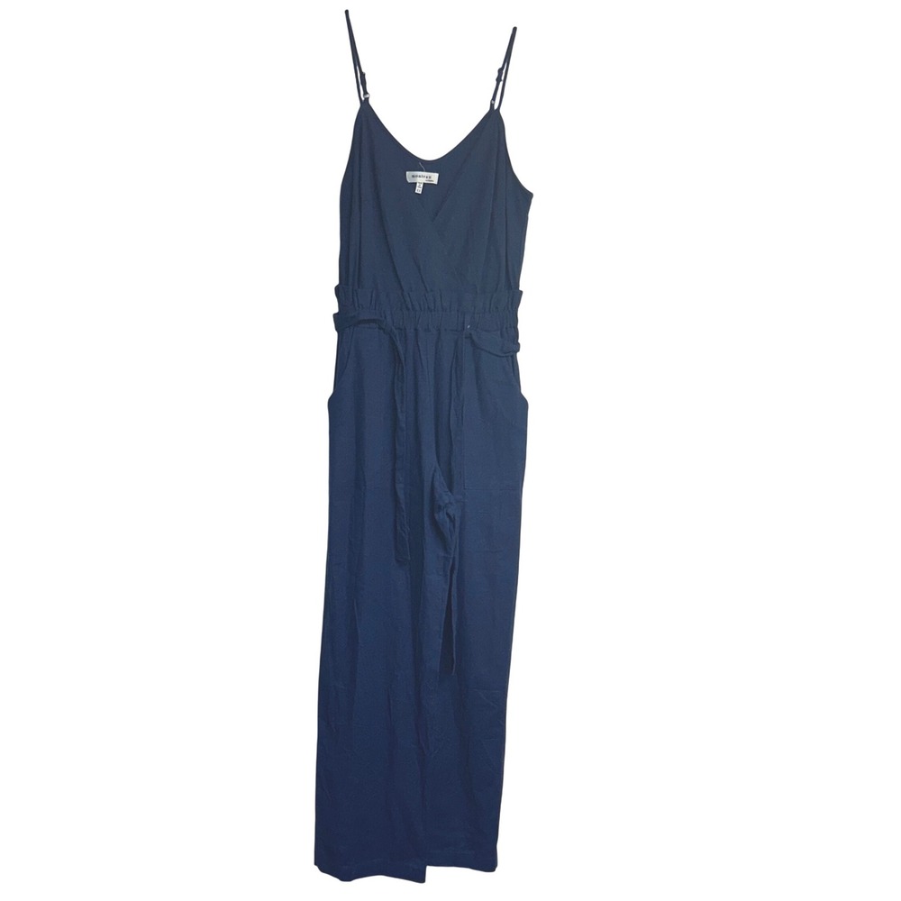 Monteau Womens XS Jumpsuit Navy Blue Sleeveless Wide Leg‎ Belted Romper NWOT